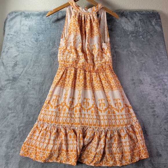BTFBM Women Orange Geometric Sleeveless Ruffle Hem Mini Dress S Summer Resort - Picture 1 of 11